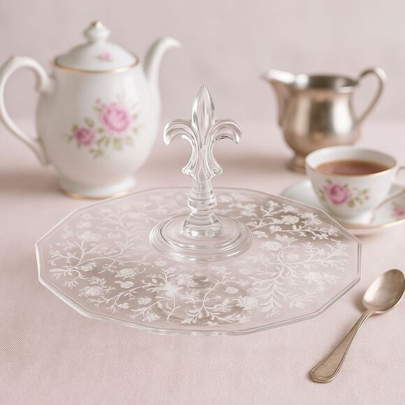 Vintage Fostoria Chintz Fleur-de-Lis Etched Glass Tidbit Tray 1940s-1970s - Picture 1 of 9